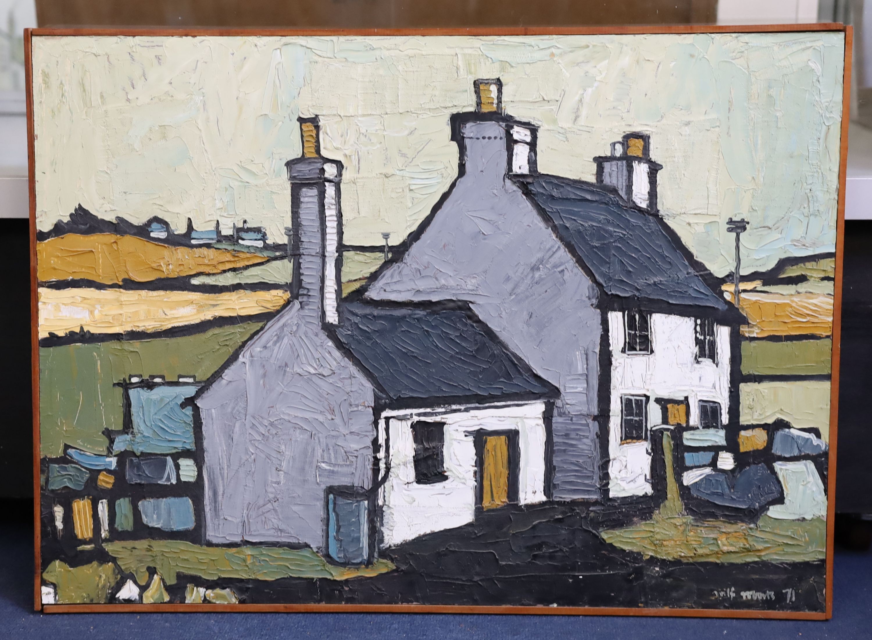 Wilf Roberts (1941-2016), Cottages in a landscape, oil on board, 54.5 x 75cm